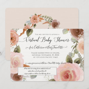Convites Chá de Menina Floral de Fora Rosa e Blush Virtual