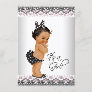 Convites Chá de Menina Negra Rosa com renda Rosa