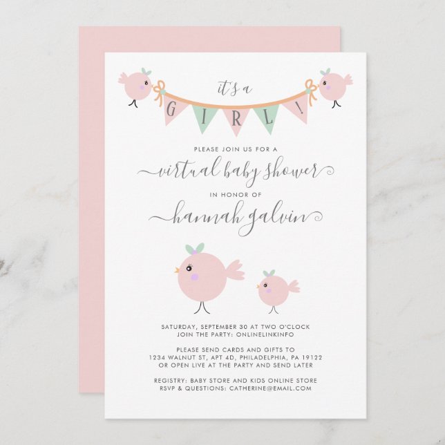 Convites Chá de Menina Virtual Rosa de Pintinho Mama (Frente/Verso)