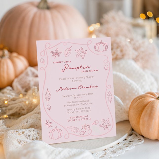 Convites Chá De Menininha De Abóbora Rosa Rosa (Blush pink and cherry Sweet Little Pumpkin baby shower invites to welcome a little girl)
