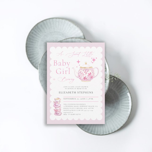 Convites Chá de Menininha Doce Moderna Elegante do Tea Part (tea baby shower invitation high noon afternoon party elegant modern watercolor pink)