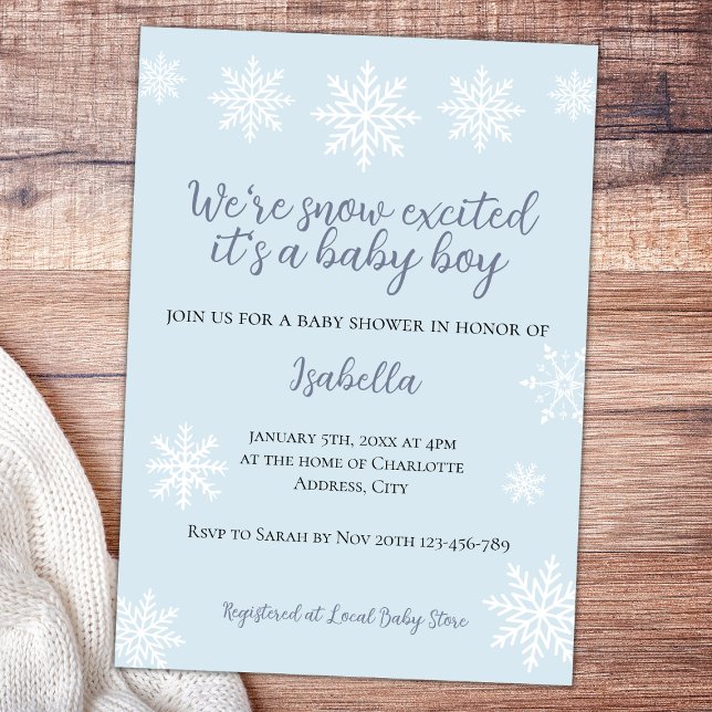 Convites Chá de Menino Animado com Neve de inverno (snow excited winter baby boy shower invitation)