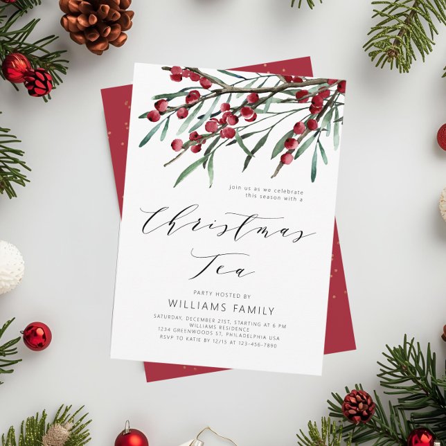 Convites Chá de Natal Modern Script Winter Berries (Criador carregado)