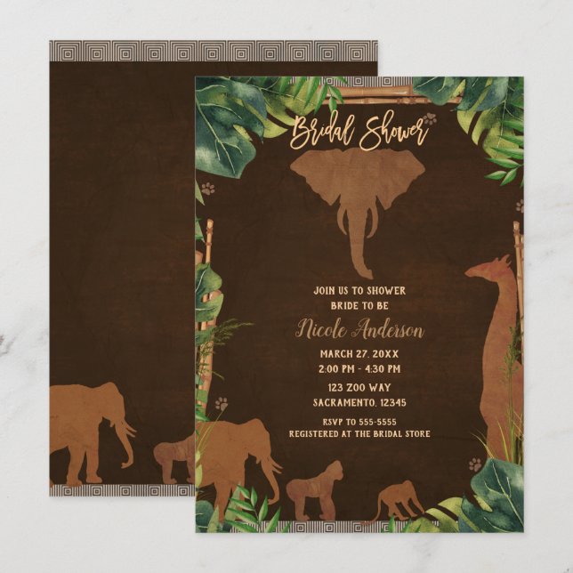 Convites Chá de Noiva Animais do Safari Marrom da Selva Zoo (Frente/Verso)