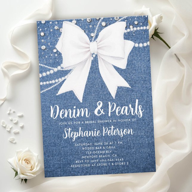 Convites Chá de Noiva Azul Chic com Laço Branco e Denim e P (denim and pearls bridal shower invitations template blue white bow western country rustic diamonds)
