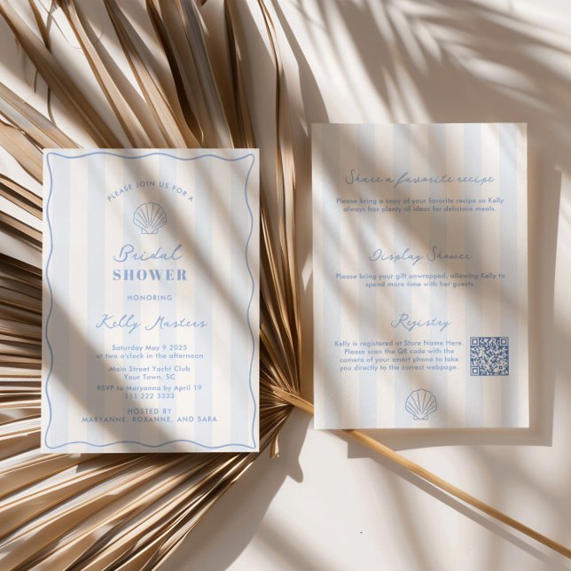 Convites Chá de Noiva Azul e Branco à Beira-Mar (Elegant and understated coastal themed double-sided bridal shower invitation with QR code)