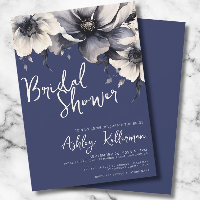 Convites Chá de Noiva Azul Marinho Floral (Typography Elegant Floral Navy Blue Bridal Shower Invitation)