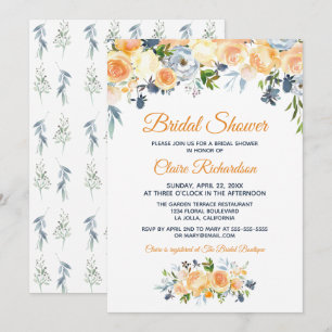 Convites Chá de Noiva Azul Naval Coral Floral Aquarela