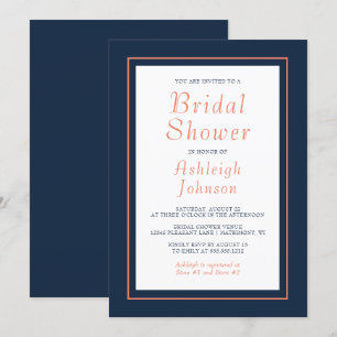 Convites Chá de Noiva Azul Naval e Coral Minimalista Modern