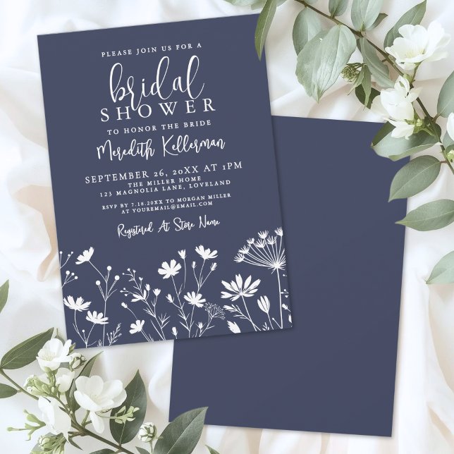 Convites Chá de Noiva Azul-Navy com Flores Silvestres (Wildflower Navy Blue Bridal Shower Invitation)