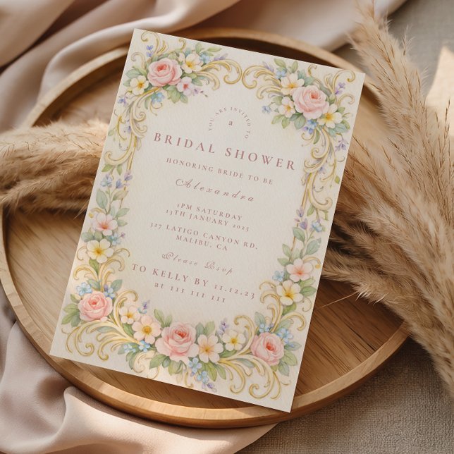 Convites Chá de Noiva Barroco Dourado Floral Rosado (Criador carregado)