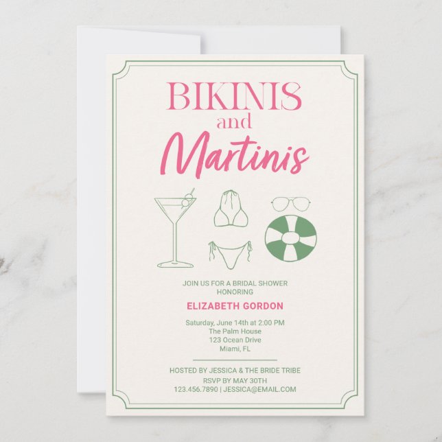 Convites Chá de Noiva Bikinis e Martinis Rosa Verde (Frente)
