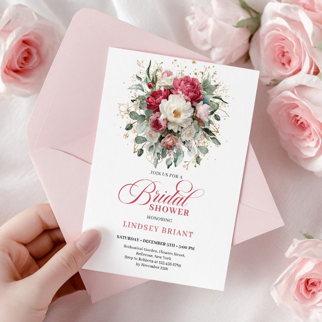 Convites Chá de Noiva Boho Atemporal Rubi Vermelho Blush Do (Timeless Boho Ruby Red Blush Gold Bridal Shower)