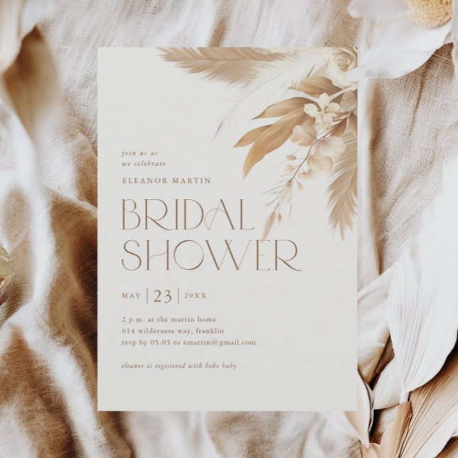 Convites Chá de Noiva Boho Neutro com Grama das Pampas (Pampas grass elegant type boho neutral bridal shower invitation.)