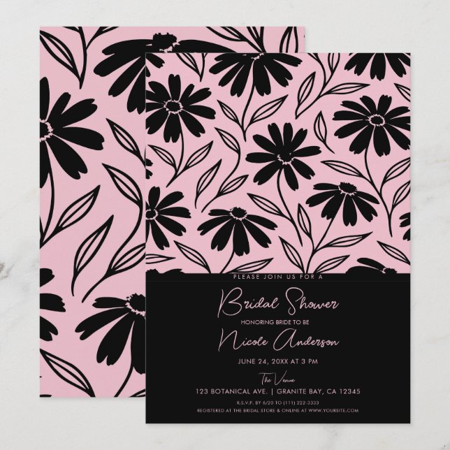 Convites Chá de Noiva Boho Rosa com Flor de Tinta Preta (Frente/Verso)