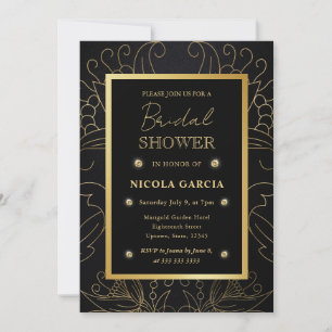 Convites Chá de Noiva Botânico Preto e Dourado Elegante