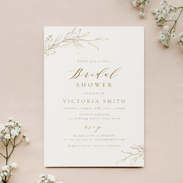 Convites Chá de noiva botânico rústico simples elegante dou (Gold simple elegant botanical rustic bridal shower invitation)