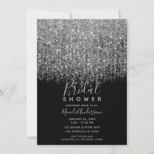 Convites Chá de Noiva Brilhante com Glitter Prateado e Pret