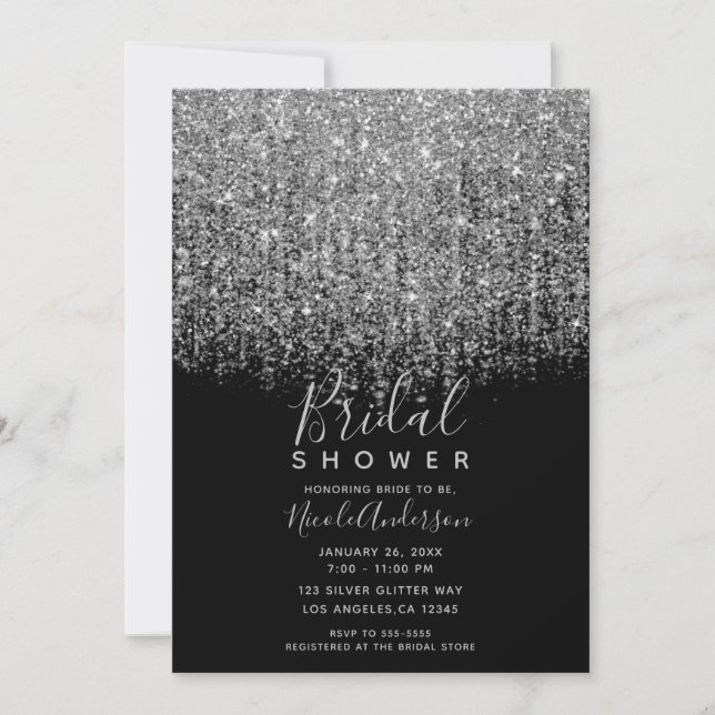 Convites Chá de Noiva Brilhante com Glitter Prateado e Pret (Frente)