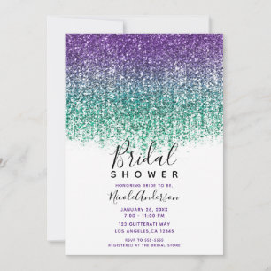Convites Chá de Noiva Brilhante com Glitter Roxo e Turquesa