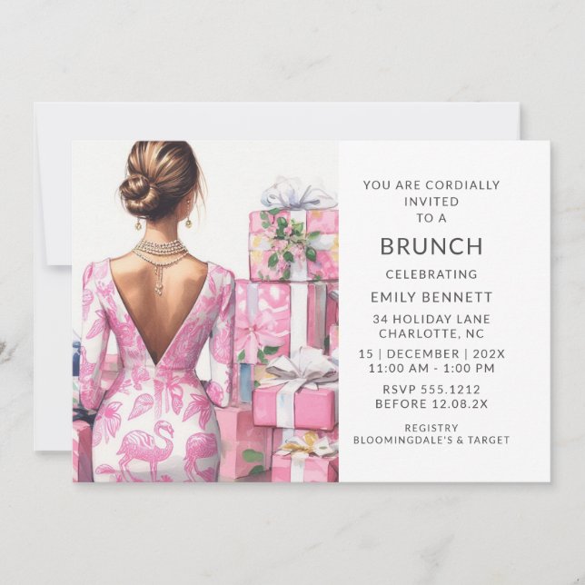 Convites Chá de Noiva Brunch com Flamingo Rosa Toile (Frente)
