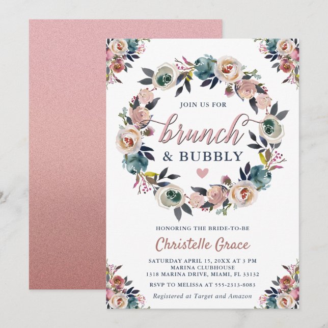 Convites Chá de Noiva Brunch e Bubbly Azul Marinho e Rosa E (Frente/Verso)