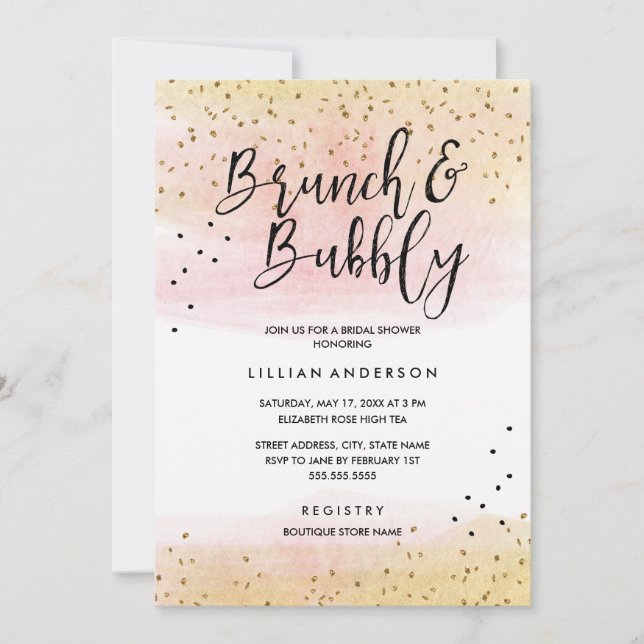 Convites Chá de Noiva Brunch e Bubbly com Brilho em Dourado (Frente)