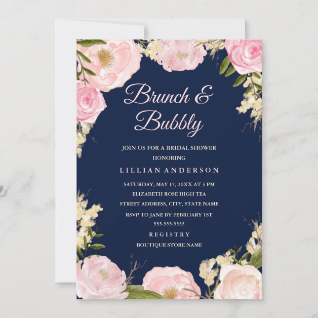 Convites Chá de Noiva Brunch e Bubbly Rosa Pink Navy (Frente)