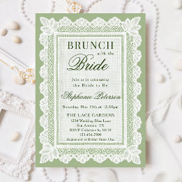Convites Chá de Noiva Brunch Vintage Sage Verde Branco Rend