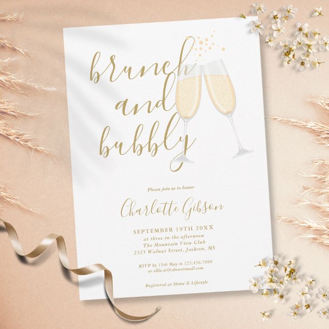 Convites Chá de Noiva Bubbly Brunch com Cursive Gold (Criador carregado)