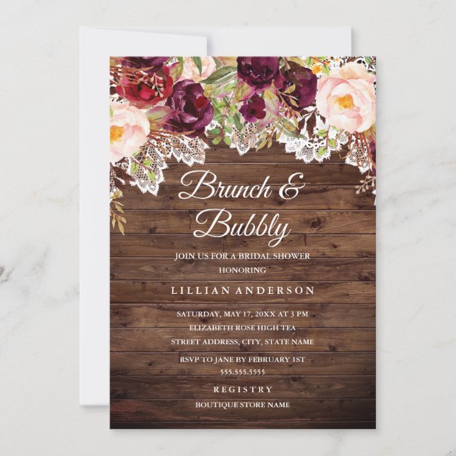 Convites Chá de Noiva Burgundy Lace Brunch e Bubbly (Frente)