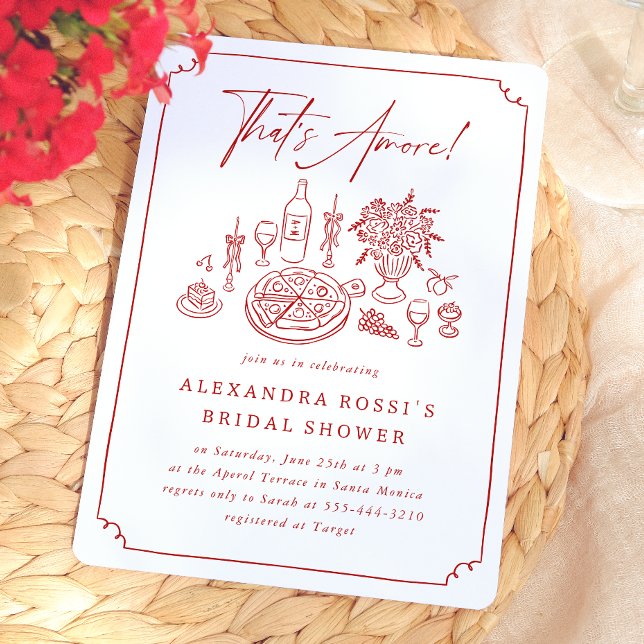 Convites Chá de Noiva Caprichoso de Pizza e Vinho Desenhado (Card Front Mock-up)