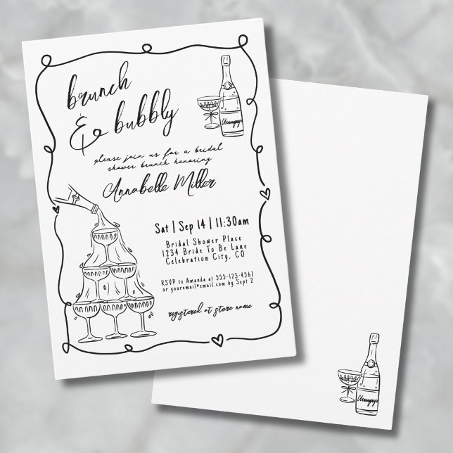 Convites Chá de Noiva Caprichoso e Desenhado à Mão para Bru (Whimsical Hand Drawn Brunch Bubbly Bridal Shower Invitation)
