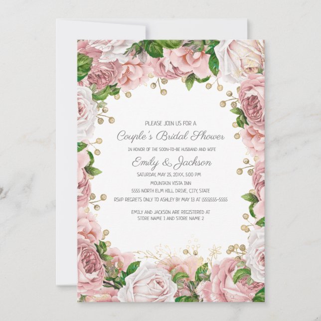 Convites Chá de Noiva Casal Floral Rosa Dourado (Frente)
