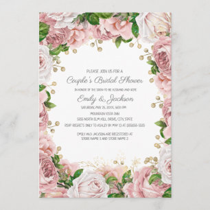 Convites Chá de Noiva Casal Floral Rosa Dourado