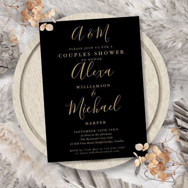 Convites Chá de Noiva Casal Monograma Preto e Dourado (Black And Gold Monogram Couples Wedding Shower Invitation)
