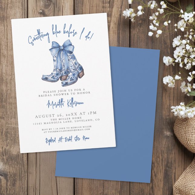 Convites Chá de Noiva Caubói com Laço Azul Country (Country Blue Bow Cowboy Bridal Shower Invitation)