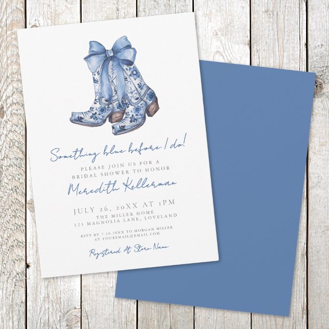 Convites Chá de Noiva Caubói com Laço Azul Country (Country Blue Bow Cowboy Boots Bridal Shower Invitation)