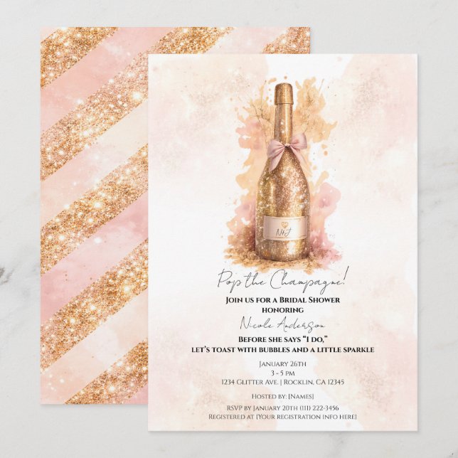 Convites Chá de Noiva Champanhe Bubbly e Dourado Glitter (Frente/Verso)