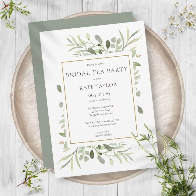 Convites Chá de Noiva Chic Floral Aquarela Dourado (Watercolor Greenery Chic Gold Bridal Tea Party Invitation)