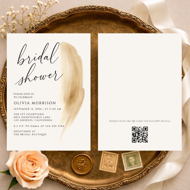Convites Chá de Noiva Código QR Aquarela Boho Neutro (Criador carregado)