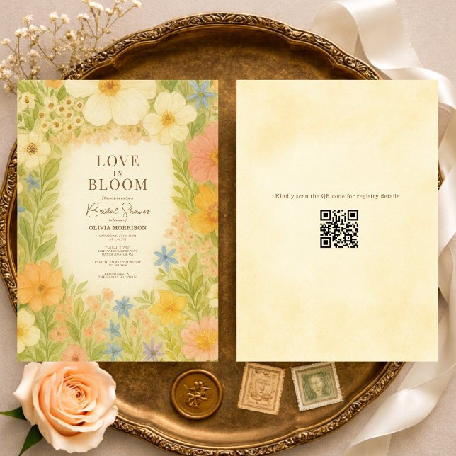 Convites Chá de Noiva Código QR Botânico Amor em Flor (Criador carregado)