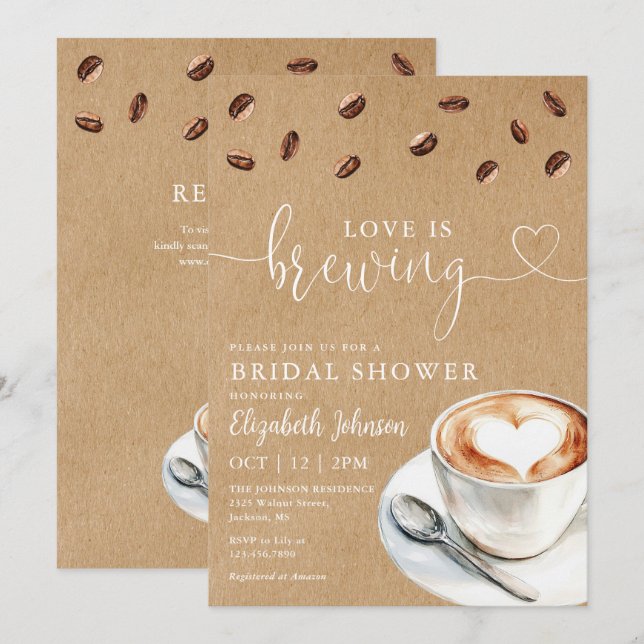 Convites Chá de Noiva Código QR do Café Love Is Brewing (Frente/Verso)