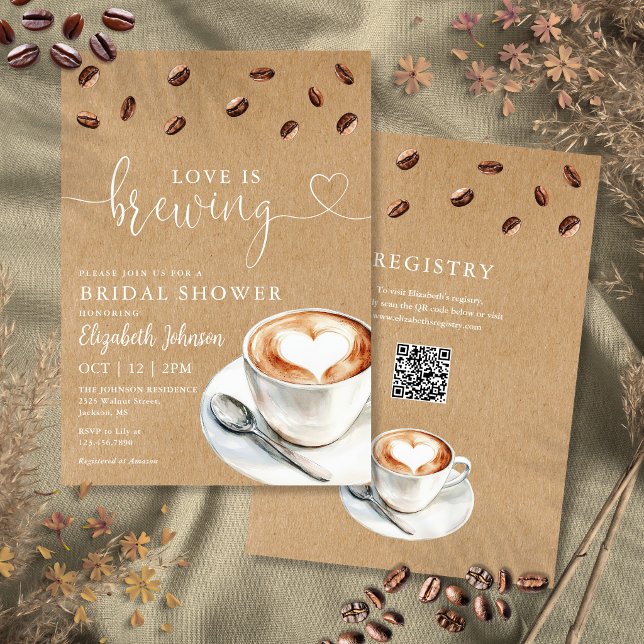 Convites Chá de Noiva Código QR do Café Love Is Brewing (Love Is Brewing Coffee QR Code Bridal Shower Invitation)