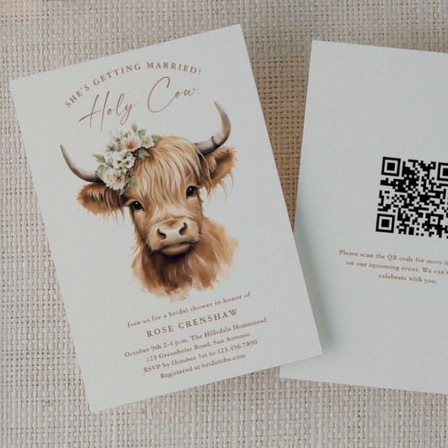 Convites Chá de Noiva Código QR Vaca das Terras Altas Boho  (Elegant Highland Cow QR code Bridal Shower Invitations.)