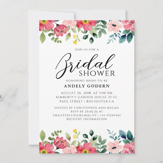 Convites Chá de Noiva com Aquarela Floral (Frente)
