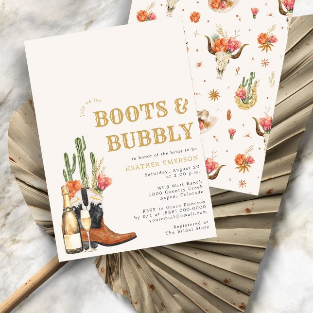 Convites Chá de Noiva com Botas Western (Bridal Shower Boho Watercolor Boots and Bubbly Invitation
)