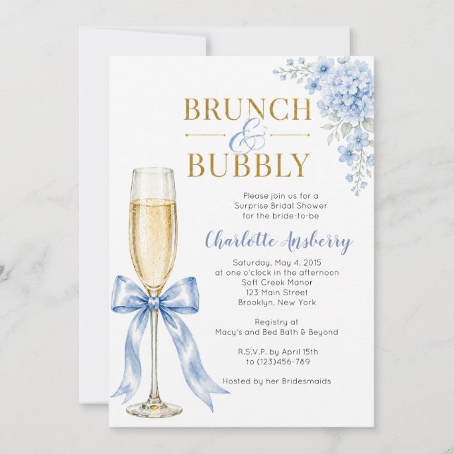 Convites Chá de Noiva com Brunch e Bolhas Azul (Frente)