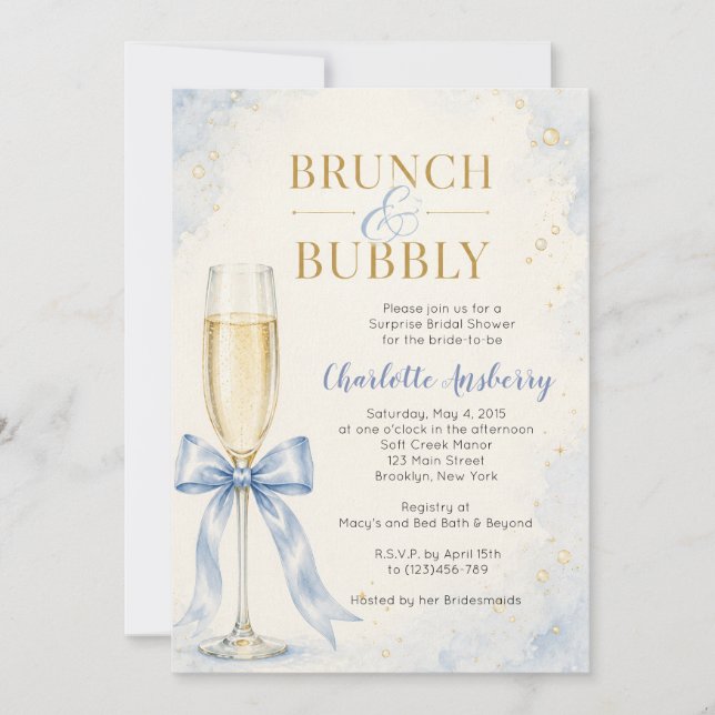 Convites Chá de Noiva com Brunch e Bolhas Azul (Frente)