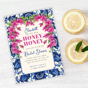 Convites Chá de Noiva com Buganvília Rosa e Azulejo Azul